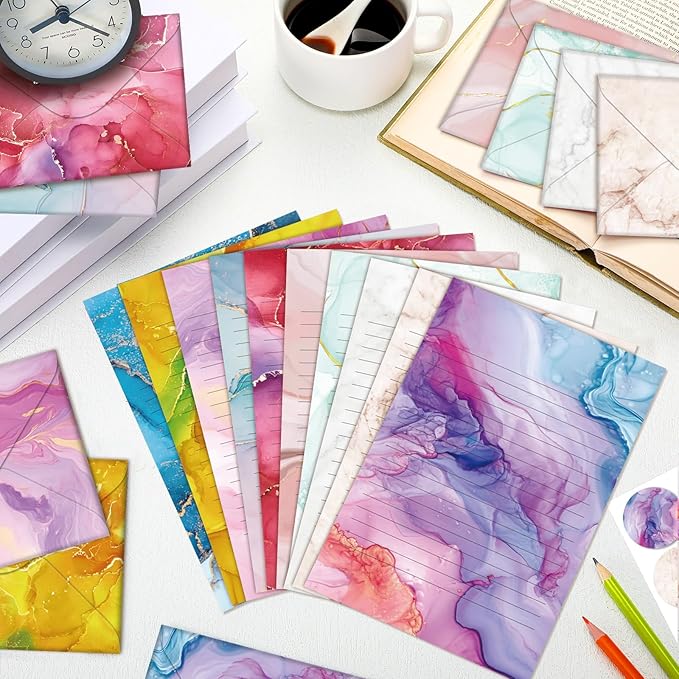 TaoBary 160 Pcs Stationery Paper Set 50 Double Sided Stationery Papers with 50 Matching Envelopes and 60 Round Dot Sticker, 10 Design(Marble,5.5 x 8.25 Inch)