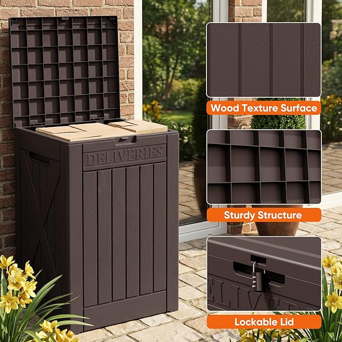 Flamaker 50 Gallon Deck Box, Package Delivery Box for Outside, Outdoor Package Drop Container for Gifts, Waterproof Plastic Storage Container with Lockable Secure for Porch (Deep Brown)