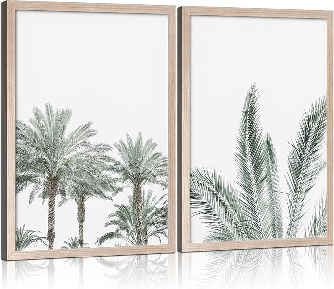 Framed Vintage Canvas Wall Art Palm Tree Leaves Poster Picture Modern Countryside Painting Nature Scenery Contemporary Home Print Living Room Gallery Office Ready to Hang 16x24 Inch x2