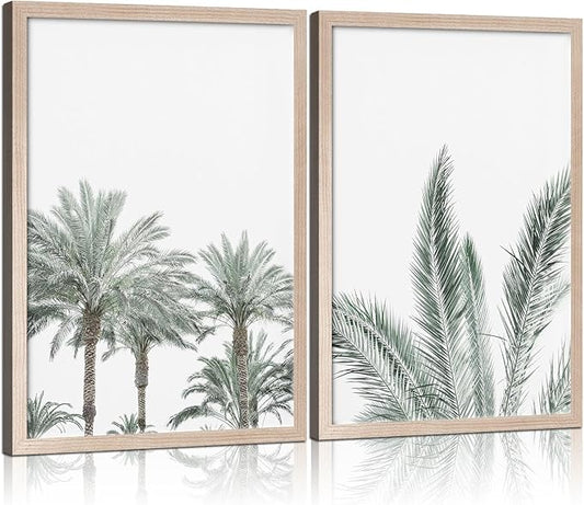 Framed Vintage Canvas Wall Art Palm Tree Leaves Poster Picture Modern Countryside Painting Nature Scenery Contemporary Home Print Living Room Gallery Office Ready to Hang 16x24 Inch x2