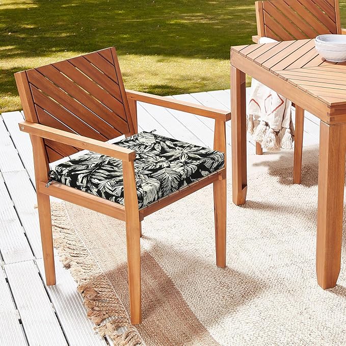 LVTXIII Outdoor Chair Cushions 18.5"x16"x2" Pack of 4, Water-Repellent Square Corner Memory Foam Seat Cushions with Ties for Garden Patio Furniture, Tropical Leaf Black