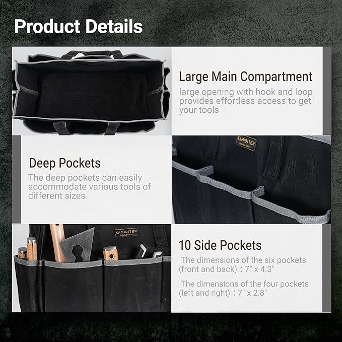 Waxed Canvas Tote Bag, Heavy Duty Multi-Purpose Canvas Tool Bag with 10 Pockets for Screwdrivers/Wrench/Pliers/Electricians Storage, Black