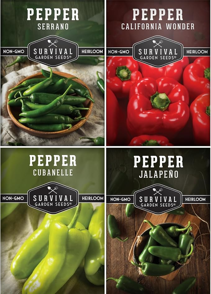 4 Variety Pack Pepper Seed Collection | JalapeÃ±o, Serrano, Cubanelle & California Wonder | Heirloom Non-GMO Hot & Sweet Peppers | Survival Garden Seeds