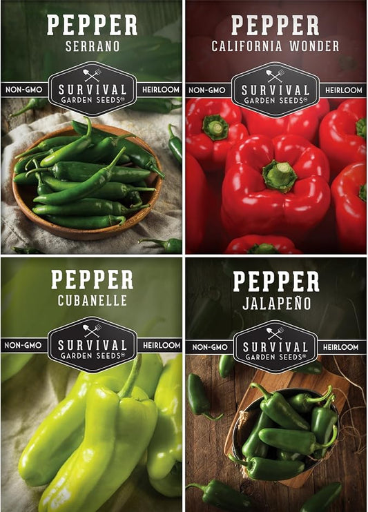 4 Variety Pack Pepper Seed Collection | JalapeÃ±o, Serrano, Cubanelle & California Wonder | Heirloom Non-GMO Hot & Sweet Peppers | Survival Garden Seeds