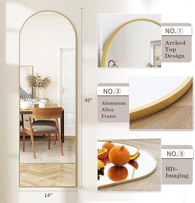 Arched Full Length Door Mirror 14x48, Metal Frame