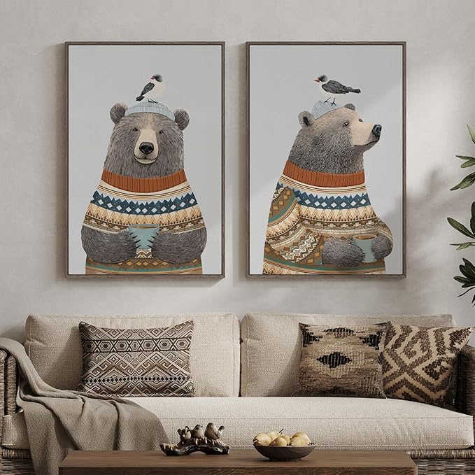 Framed Boho Animal Wall art for Nursery Decor, 2 Piece Rustic Bird Bear Canvas