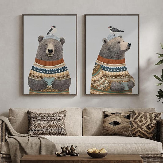 Framed Boho Animal Wall art for Nursery Decor, 2 Piece Rustic Bird Bear Canvas