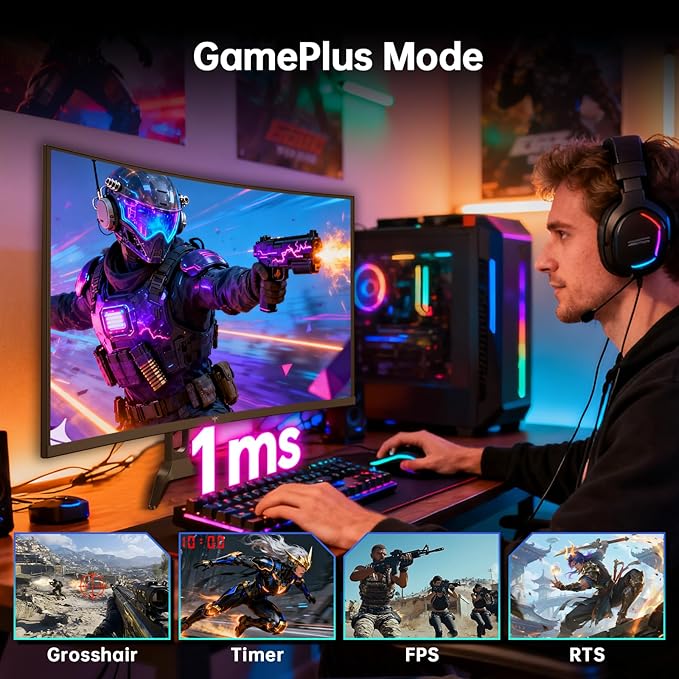 KTC 32 Inch Curved Gaming Monitor, 2K 180Hz Computer Monitor, Up to 185Hz, QHD 1500R PC Monitor 1ms with Adaptive Sync, DisplayPort/HDMI/USB, VESA Wall Mount, Tilt Adjustable, H32S5