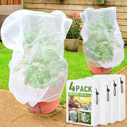 Fruit Tree Netting, Plant Mesh Netting for Garden Protection, Blueberry Bush Insect Netting Cover as Garden Pest Barrier from Cicadas, Bug, Bird (2.6x3.3 FT, 4Pcs, with Drawstring Design)