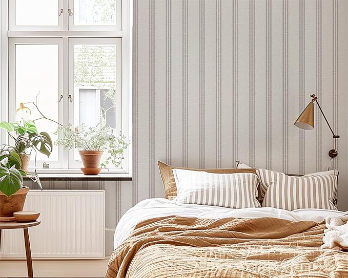 RollsRolla Modern Brown and White Striped Peel and Stick Wallpaper, French