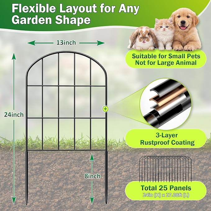 25 Pack Decorative Garden Fence Panels – 27.08ft (L) x 24"(H) Garden Fencing Dog Fence No-Dig Animal Barrier Fence Rustproof Metal Arched Garden Edging for Yard Patio Outdoor Decor Flower Bed