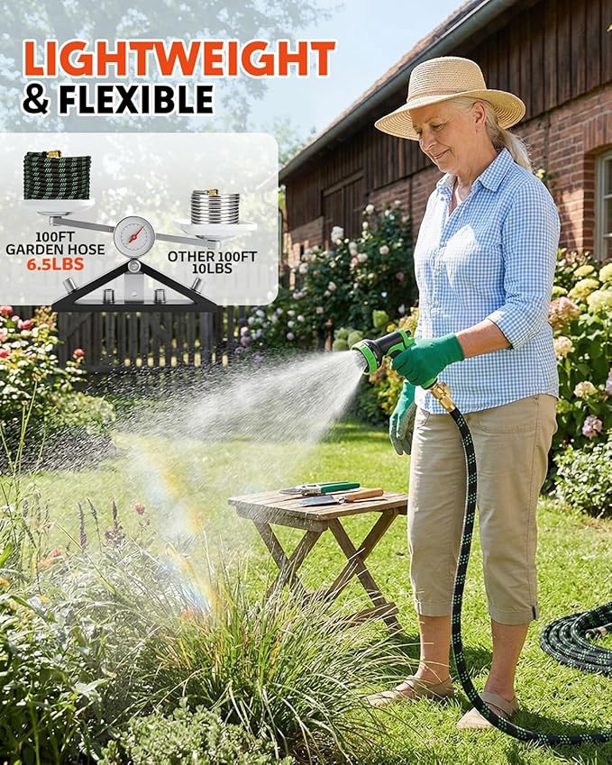 100ft Flexible Garden Hose, Lightweight Water Hose, NON-EXPANDABLE Garden Hose with 10 Function Sprayer Nozzle, Kink-Free Triple-Layer Composite Watering Hose for Yard, Lawn, Outdoor and Car Washing