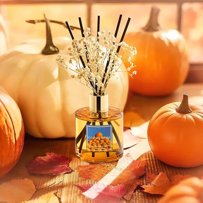 COCORRÍNA Reed Diffuser - Morton Pumpkin Harvest Reed Diffuser Set with 8 Sticks & Preserved Baby's Breath, Reed Diffuser for Home Bathroom Shelf Decor