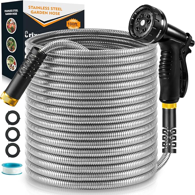 100ft Garden Hose, Heavy Duty Metal Water Hose 100 ft with 10 Function Nozzle, Flexible No-Kink, Pet-Proof & Puncture-Proof Stainless Steel Outdoor Hose for Yard