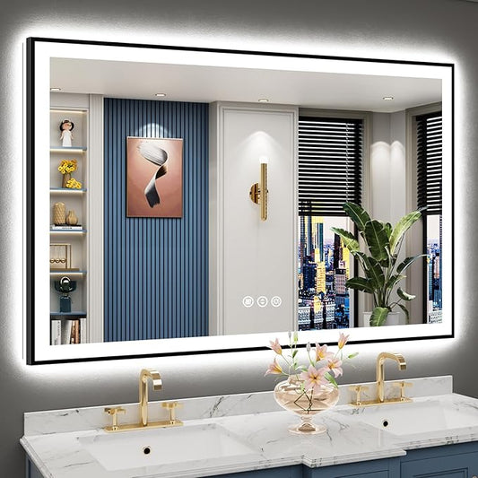 57x36 Black Framed LED Bathroom Mirror
