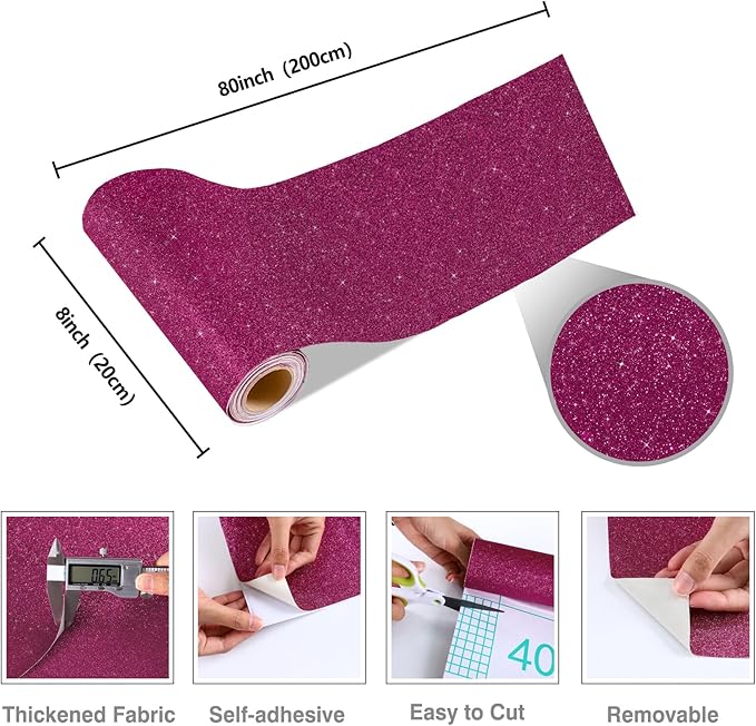 CRE8TIVE Deep Pink Glitter Wallpaper Border Peel and Stick Wall Border Stickers