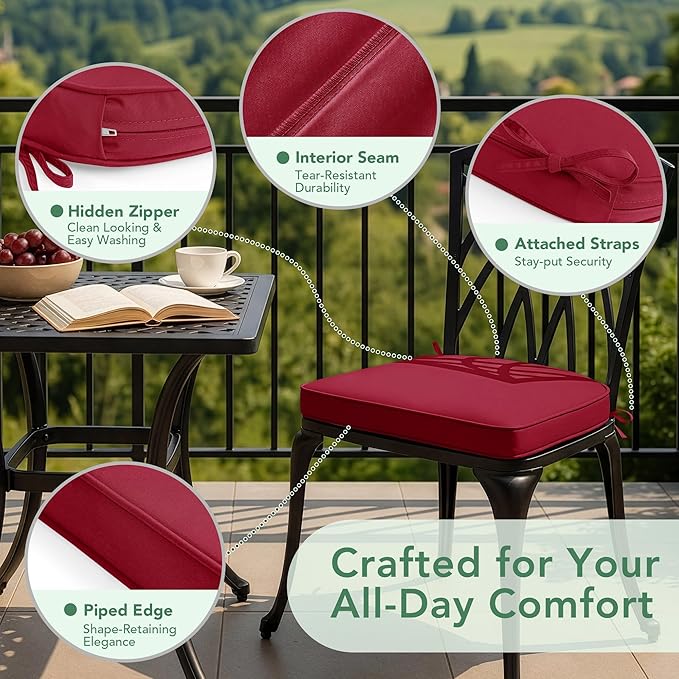 Outdoor Chair Cushions Set of 4: Waterproof & Fade Resistant Patio Furniture Cushions - 18.5 x 16 x 2 Inch Non Slip Round Corner Seat Cushion Pads with Removable Cover for Garden Yard Lawn, Burgundy