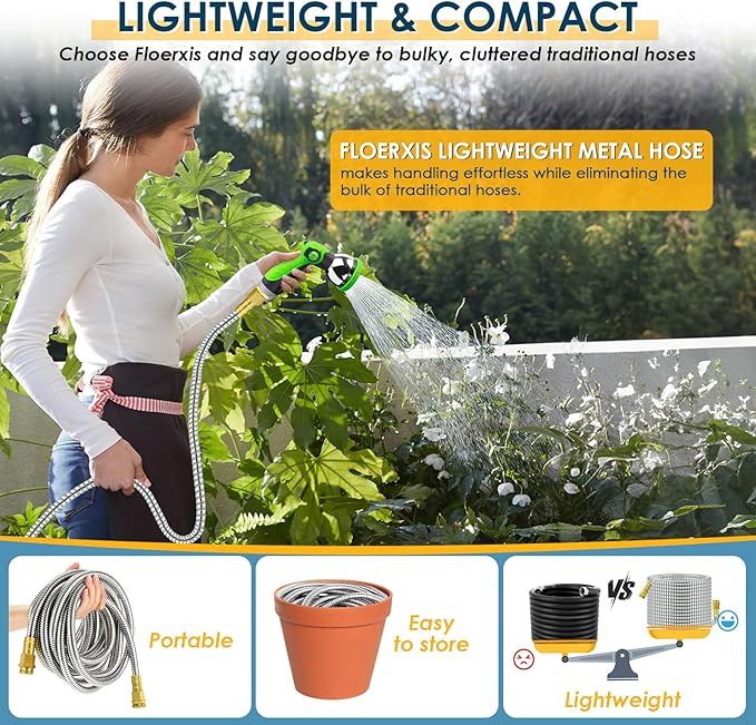 25 FT Stainless Steel Garden Hose with 10-Function Spray Nozzle, Kink-Free Flexible Metal Water Hose, Solid Brass 3/4'' Connectors, Heavy Duty, Durable, Leak-Proof, Lightweight, Tangle-Free