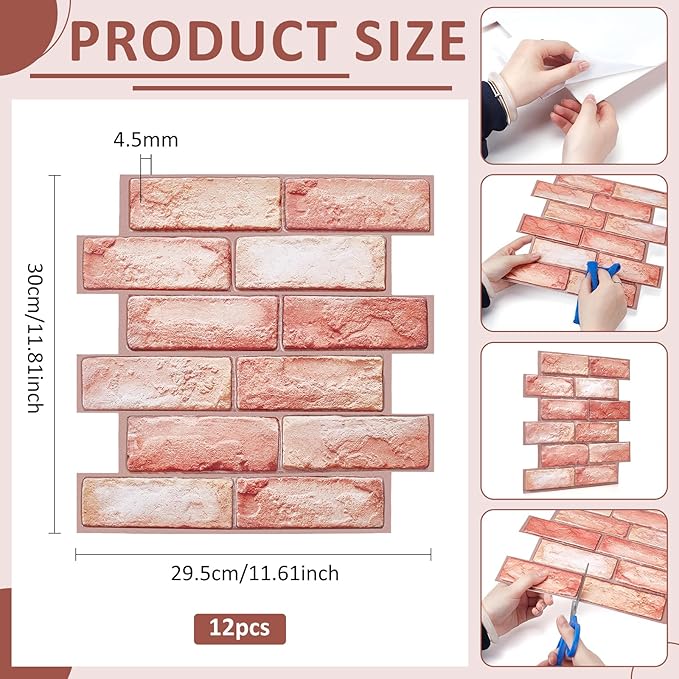 12PCS 3D Wall Panels Peel and Stick Foam Faux Brick Wall Panels, Self-Adhesive