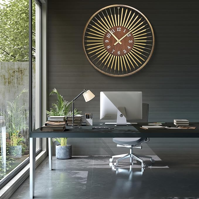 24 Inch Mid-Century Modern Wall Clock, Round Frame Metal Design