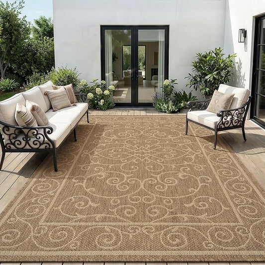 MontVoo-Outdoor Rug-Patio Rug 6x9 ft Polypropylene Indoor Outdoor Rugs Outdoor Carpet for Patio Deck Balcony Porch, Textured Weave, Durable for High Traffic, Fade-Resistant, Vintage Neutral Brown