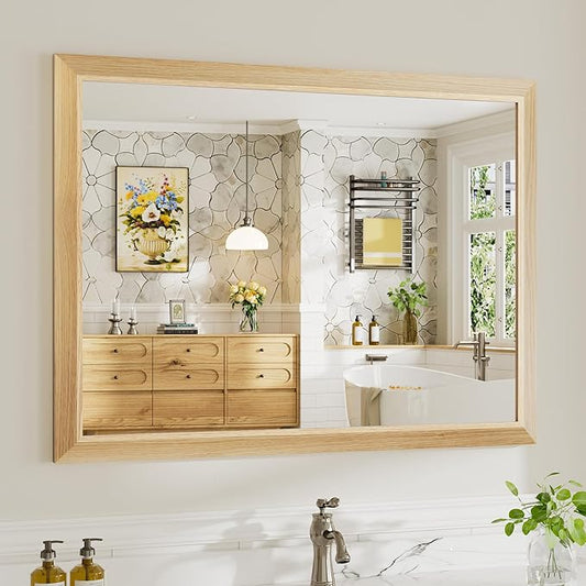 40x30 Inch Bathroom Mirror for Wall, Anti-Rust Oak Wood Grain Metal Framed