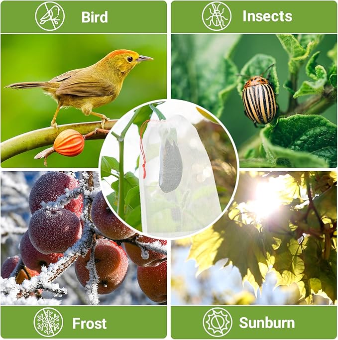 Fruit Protection Bags, 100 Pcs 8x12 Inch Garden Insect Netting Bags for Fruit Trees, Fruit Mesh Bags with Drawstring Protect Tomatos, Grapes, Mangos from Bugs Birds Squirrels