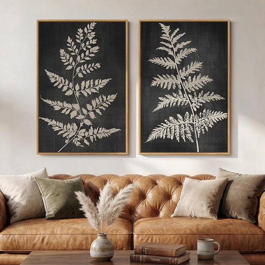Large Framed Vintage Botanical Wall Art Set of 2, Rustic Minimalist Modern