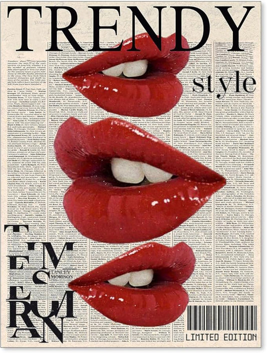 jkahh Trendy Y2k Newspaper Wall Art Vintage Red Lips Kiss Prints Poster Fashion