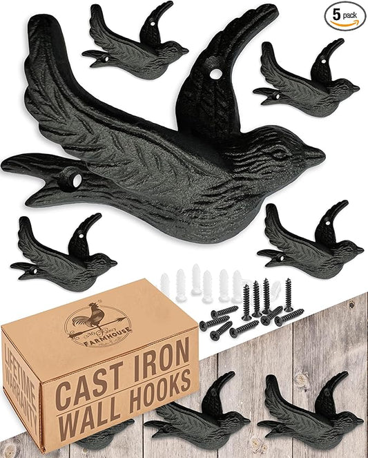 Flying Bird Cast Iron Hooks Non Rusting Interior or Exterior Decorative Wall
