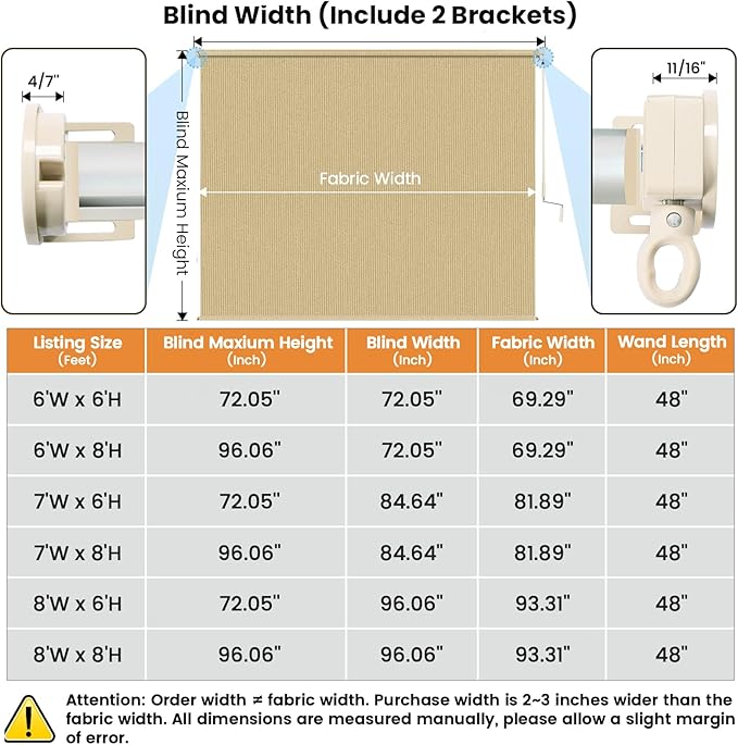6'W x 6'H Sesame Patio Shades Roll up Outdoor Roller Shade Crank Wand Blind