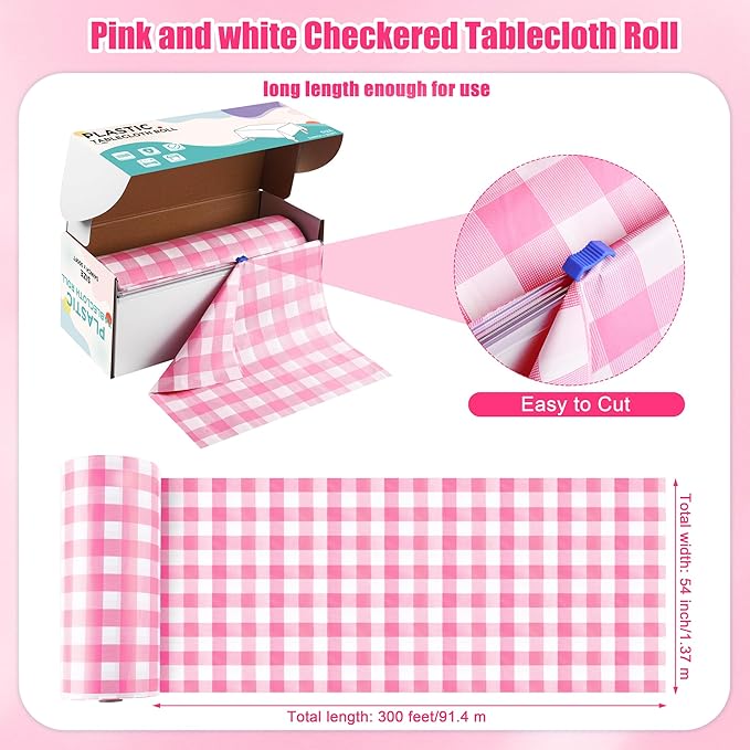 Kochorie 54 Inch x 300 Ft Light Pink Checkered Plastic Table Cloth Roll