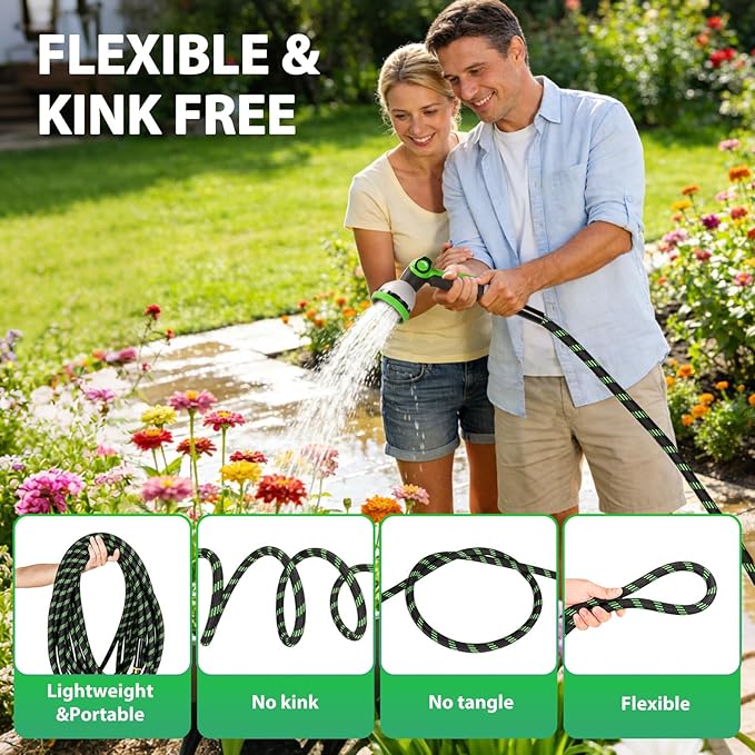 Garden Hose 25 ft Water Hose Flexible Non-Expandable Outdoor Heavy Duty Lightweight Leakproof Kink-free flex Watering Hose Pipe for 3/4 inchs Fitting Yard Lawn Outside Car Wash