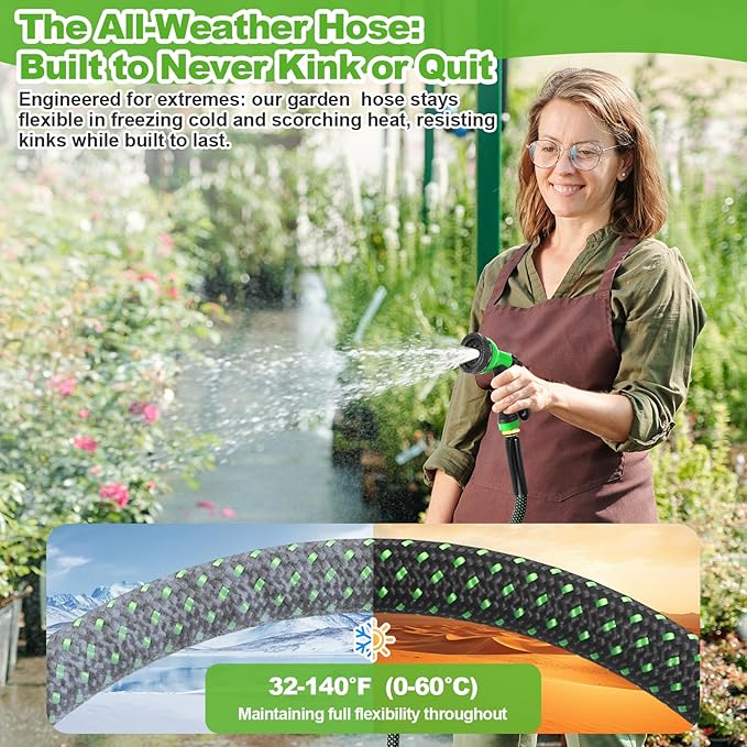 Garden Hose 100ft, Non-Expanding Flexible Hose, Lightweight, Kink Free, Sturdy, Leak-Proof, Portable, Water Hose with 10 Function Nozzle for Outdoor, Yard, Lawn, Car Wash and Camper Use