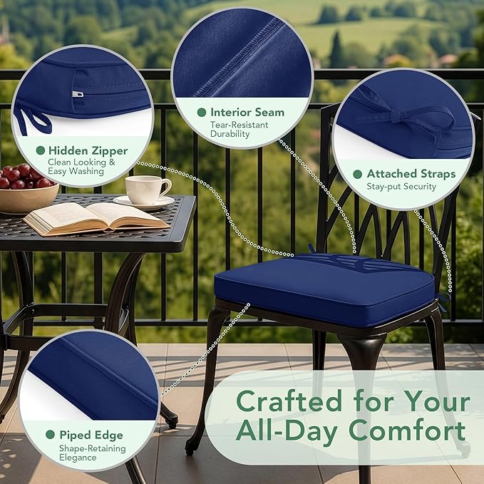 Outdoor Chair Cushions Set of 2: Waterproof & Fade Resistant Patio Furniture Cushions - 17 x 16 x 2 Inch Non Slip Round Corner Seat Cushion Pads with Removable Cover for Garden Yard Lawn, Navy Blue