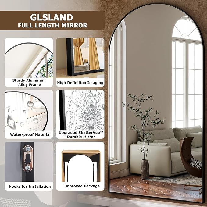 GLSLAND-30x71 inch Wall Mount Arched Full Length Mirror-Aluminum Alloy Frame