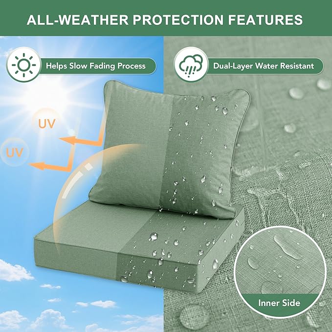 Summsun Outdoor Cushions for Patio Furniture, Faux Linen Water Resistant Backrest and Deep Seat Cushion Set with Removable Cover, Straps, Non-Slip Bottom, 24 x 24 Inch, Sage Green, Set of 4