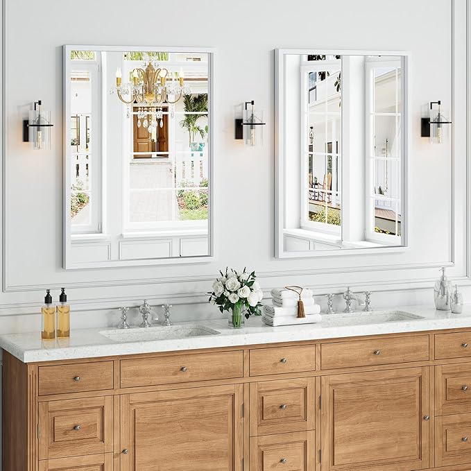 Syndra White Wood Frame Bathroom Mirror, Waterproof Slim Deep Frame,