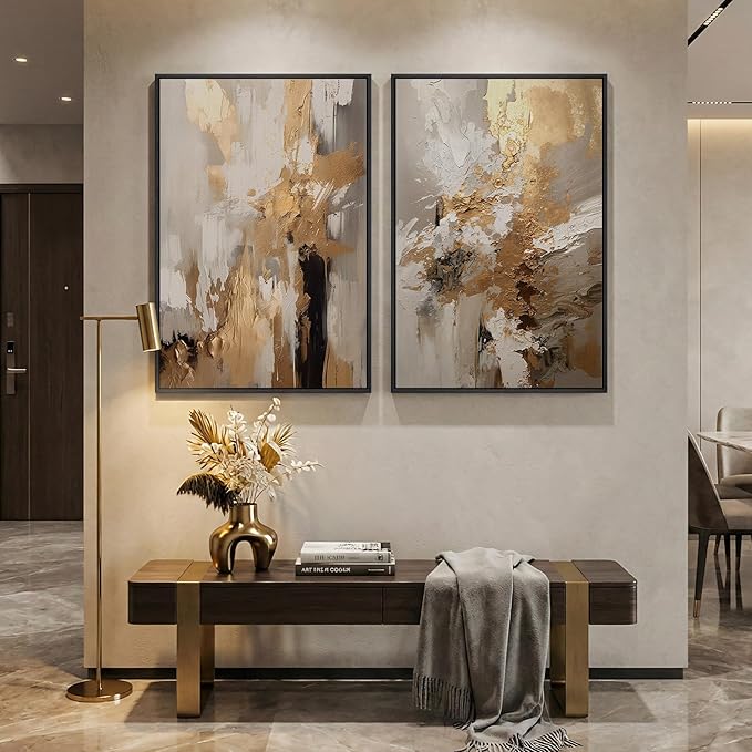 Large Framed Neutral Abstract Wall Art, 2 Piece Modern Canvas Prints Paintings
