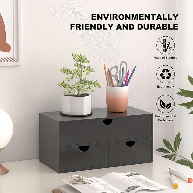 Bamboo Desk Organizer with Drawers Desktop Storage Drawers for Bills Office Supplies Kitchen Utensils Organizing Tool for Home Classroom Organization No Assembly (Black)