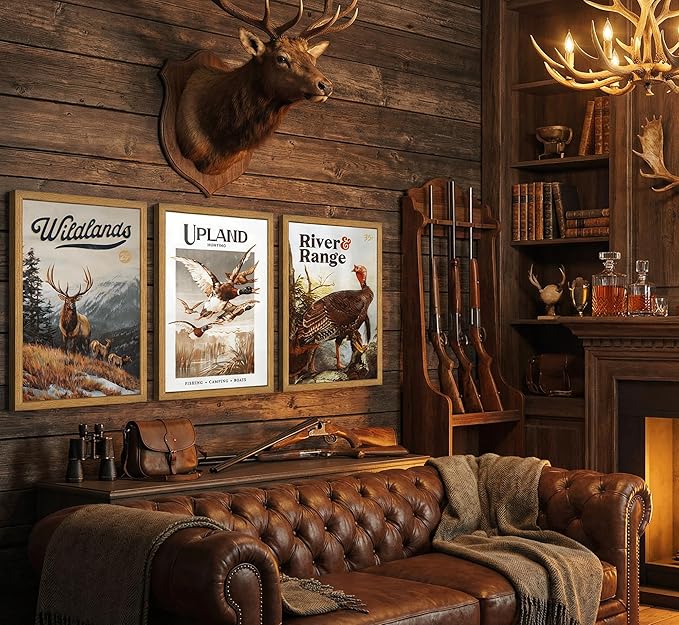3Pcs Framed Wild Animal Canvas Wall Art Nature Wilderness Deer Wild Duckturkey Wall Decor Pictures Hunting Outdoorsy Cabin Posters Prints Gift Hunter Dad for Living Room Bedroom Home Decoration