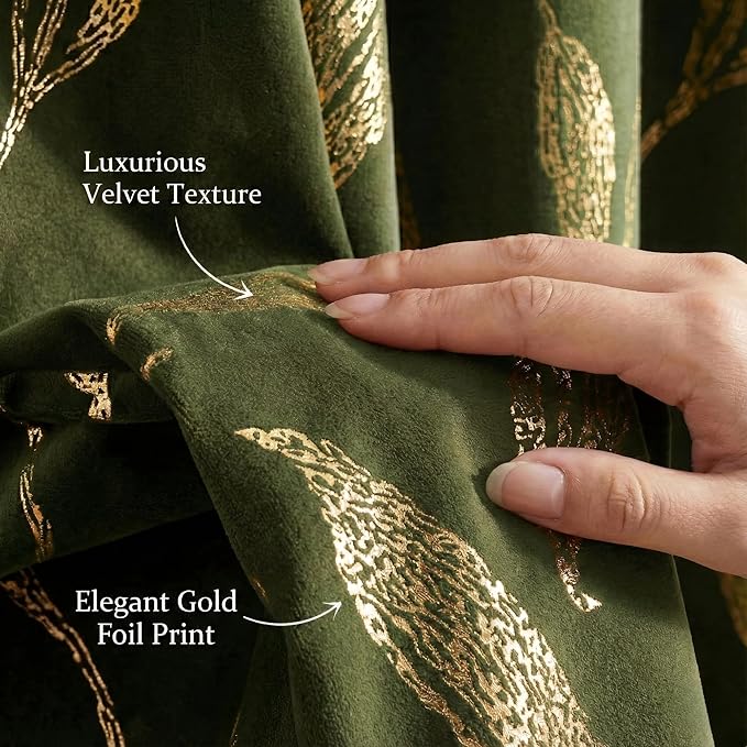 NICETOWN Leaf Patterned Green Velvet Curtains 96 inches Long 2 Panels Gold Foil