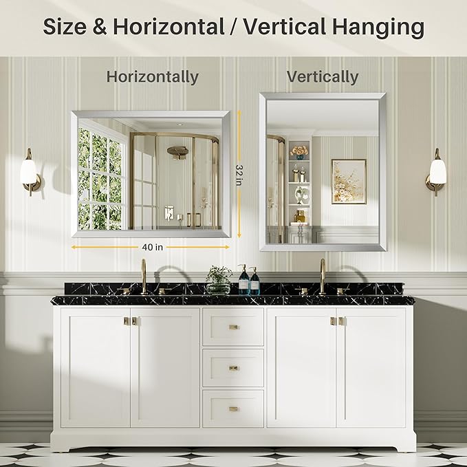 40x32 Inch Brushed Silver Bathroom Mirror