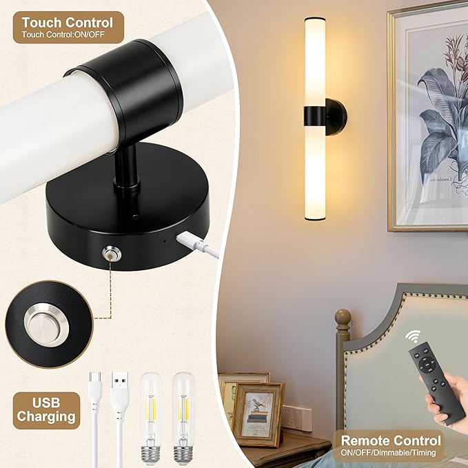 Morauroral Black Battery Operated Wall Sconces Set of 2, Rechargeable Wall