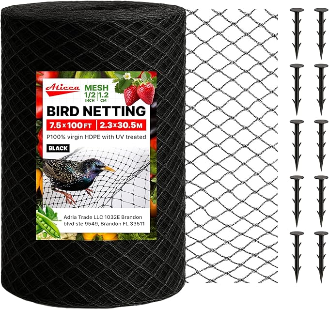 ATICCA Heavy Duty Bird Netting for Garden Protection & Fruit Trees, 7.5x100 Ft with 10 Stakes â Black Anti-Bird Net for Poultry, Deer, & Squirrel Protection, Durable Nylon Mesh for Garden and Yard Use