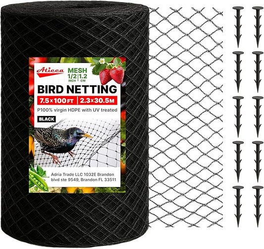 ATICCA Heavy Duty Bird Netting for Garden Protection & Fruit Trees, 7.5x100 Ft with 10 Stakes â Black Anti-Bird Net for Poultry, Deer, & Squirrel Protection, Durable Nylon Mesh for Garden and Yard Use