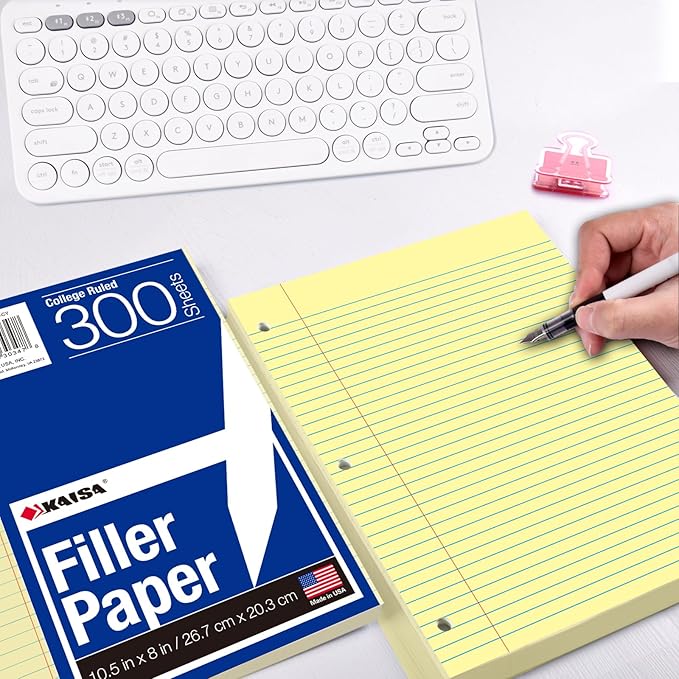 KAISA Loose Leaf Notebook Paper, College Ruled, 300 Sheets Per Lined Paper, 8" x 10.5", 3 Hole Punched for 3 Ring Binder, Canary, Made In USA