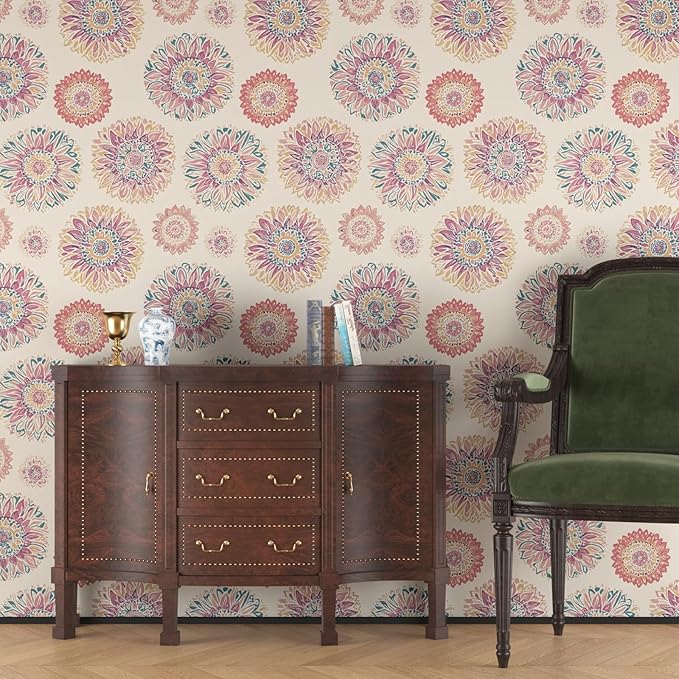 Boho Wallpaper Peel and Stick, Vintage Circle Floral Contact Paper, Abstact
