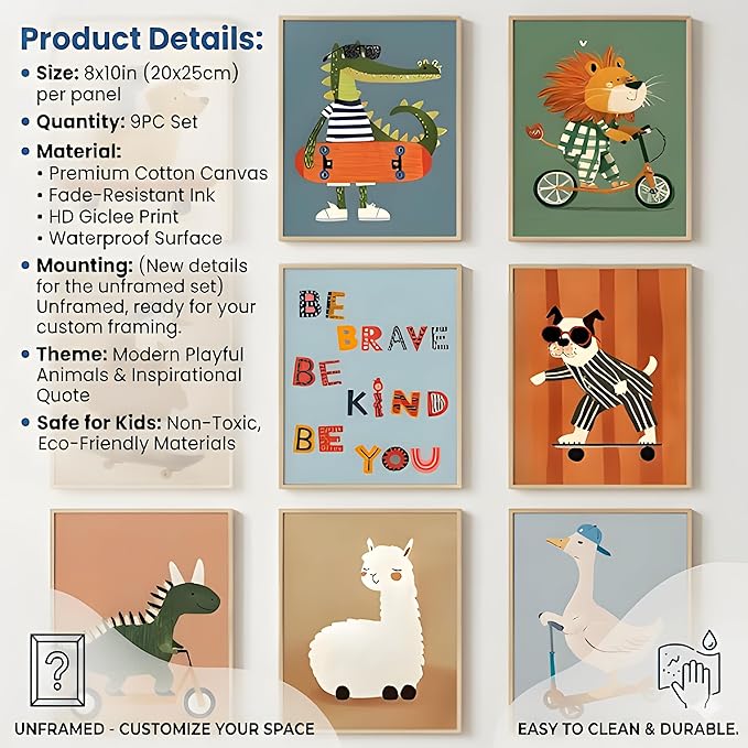 tgguytiy Kids Room Wall Art Set of 9 Cute Cartoon Animal Canvas Prints Nursery