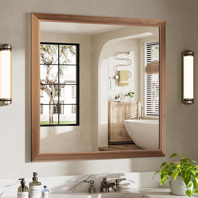 36x36 Inch Bathroom Mirror for Wall, Anti-Rust Walnut Wood Grain Metal Framed